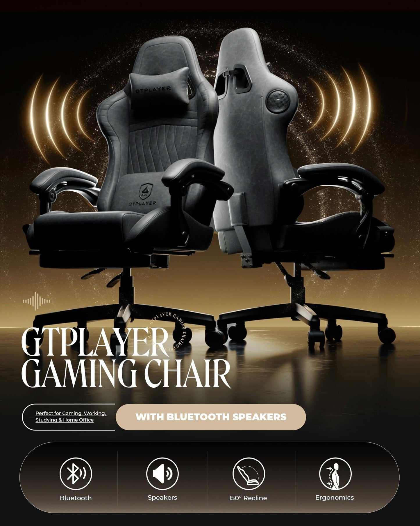 GTPLAYER Gaming Chair for Adults, Ergonomic Computer Game Chairs with Speakers, Footrest & Linkage Armrest, Reclining High Back Silla Gamer for Home Office, Ace Pro, Off-White
