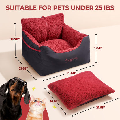 BurgeonNest Dog Car Seat for Small Dogs, Soft Pet Car Travel Home Bed Under 25 lbs, Fully Detachable and Washable Cat Booster Carseats with Storage Pockets and Clip-On Leash Portable Carrier,Black