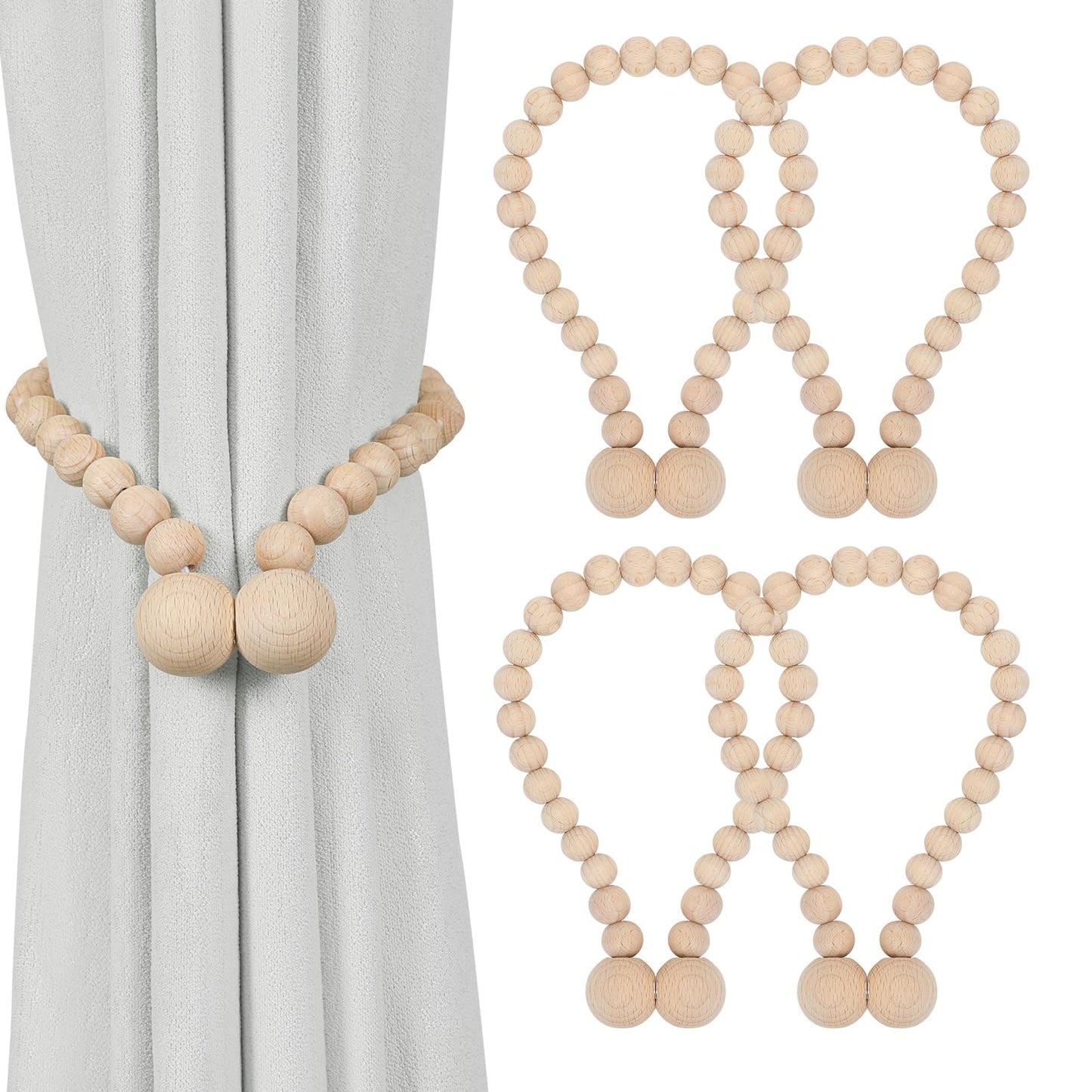 KLOGTSIND Magnetic Curtain Tiebacks, Curtain Holdbacks for Curtains 2 Pack, Wood Bead Curtain Holders for Boho Bedroom Decor, Baby Nursery Decor, Farmhouse Decor
