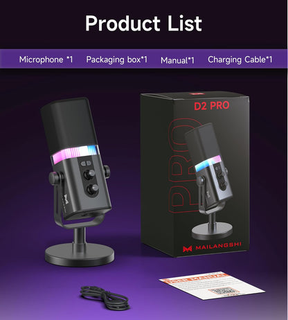 MAILANGSHI 192KHz/32bit Dynamic Podcast Microphone for PC, USB & XLR Mic with RGB Lighting, Desktop Stand, Mute Button, All-Metal Body, Gain & Volume Control, Gaming Microphone for Livestreaming