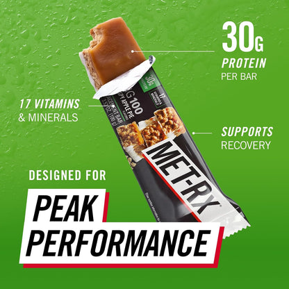 MET-Rx Big 100 Protein Bar, Meal Replacement Bar, 30G Protein, Salted Caramel Brownie Crunch, 9 Count, 3.52 Oz.(Packaging may vary)