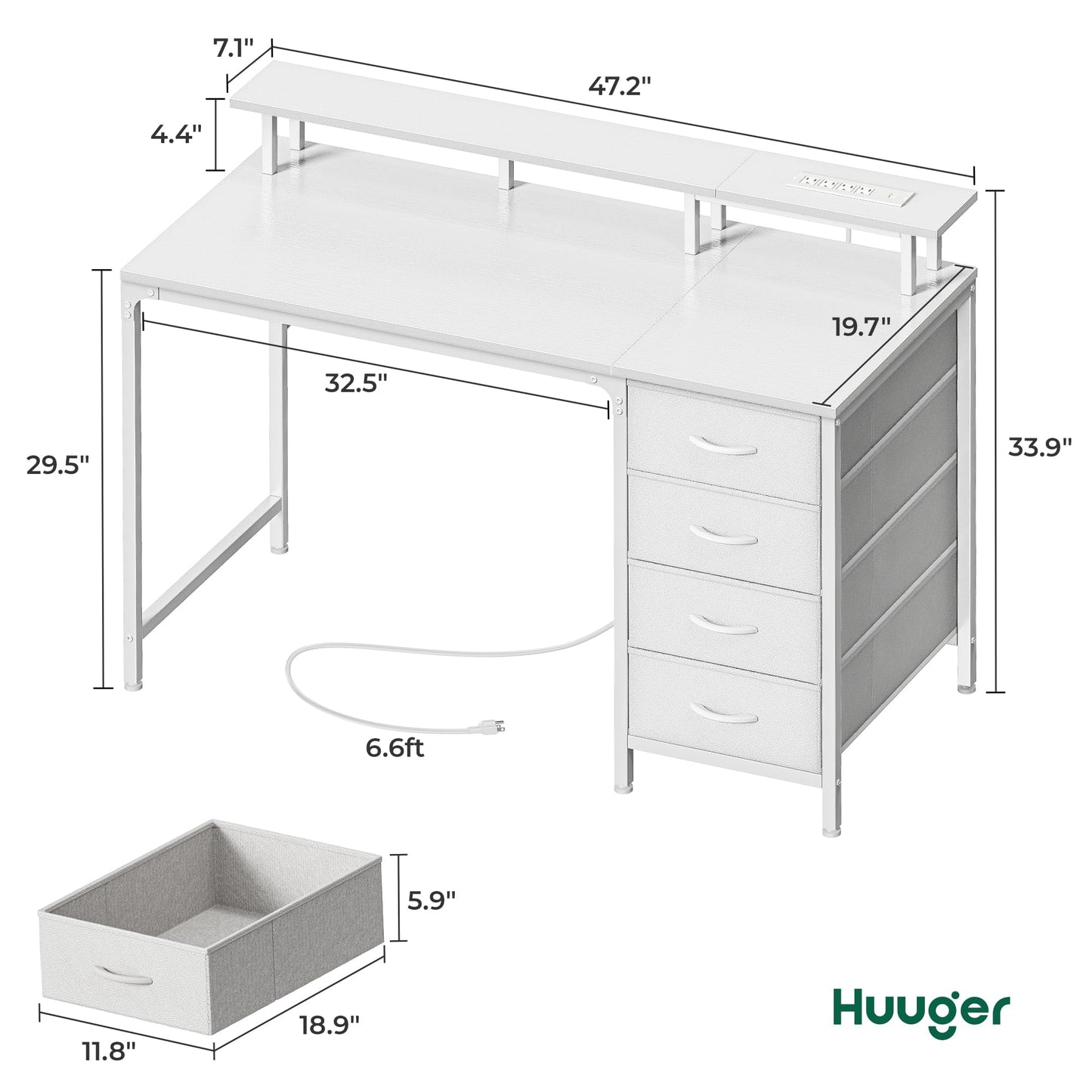 Huuger 47 Inch Computer Desk with Power Outlets and LED Lights, Gaming Desk with 4 Drawers, Office Desk with Monitor Stand, Study Work Home Office, Small Spaces, Black
