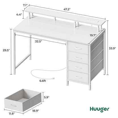 Huuger 47 Inch Computer Desk with Power Outlets and LED Lights, Gaming Desk with 4 Drawers, Office Desk with Monitor Stand, Study Work Home Office, Small Spaces, Black