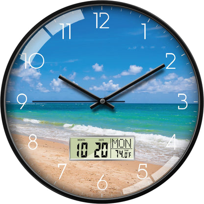 Wilderness Sunset Wall Clock, 12 Inch Silent Non-Ticking Battery Operated Analog Clock with LCD Date Day Temp Display, Decorative for Living Room, Bedroom, Kitchen, Office, Farmhouse, Cabin