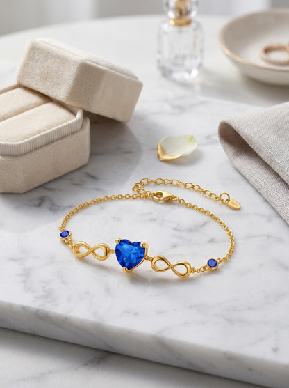 14K Gold Infinity Birthstone Bracelets for Women, Infinity Love Heart Birthstone Link Bracelets for Women, 14K Gold Plated Jewelry Birthday Gifts for Wife Girlfriend Mom, 7+2 Inch