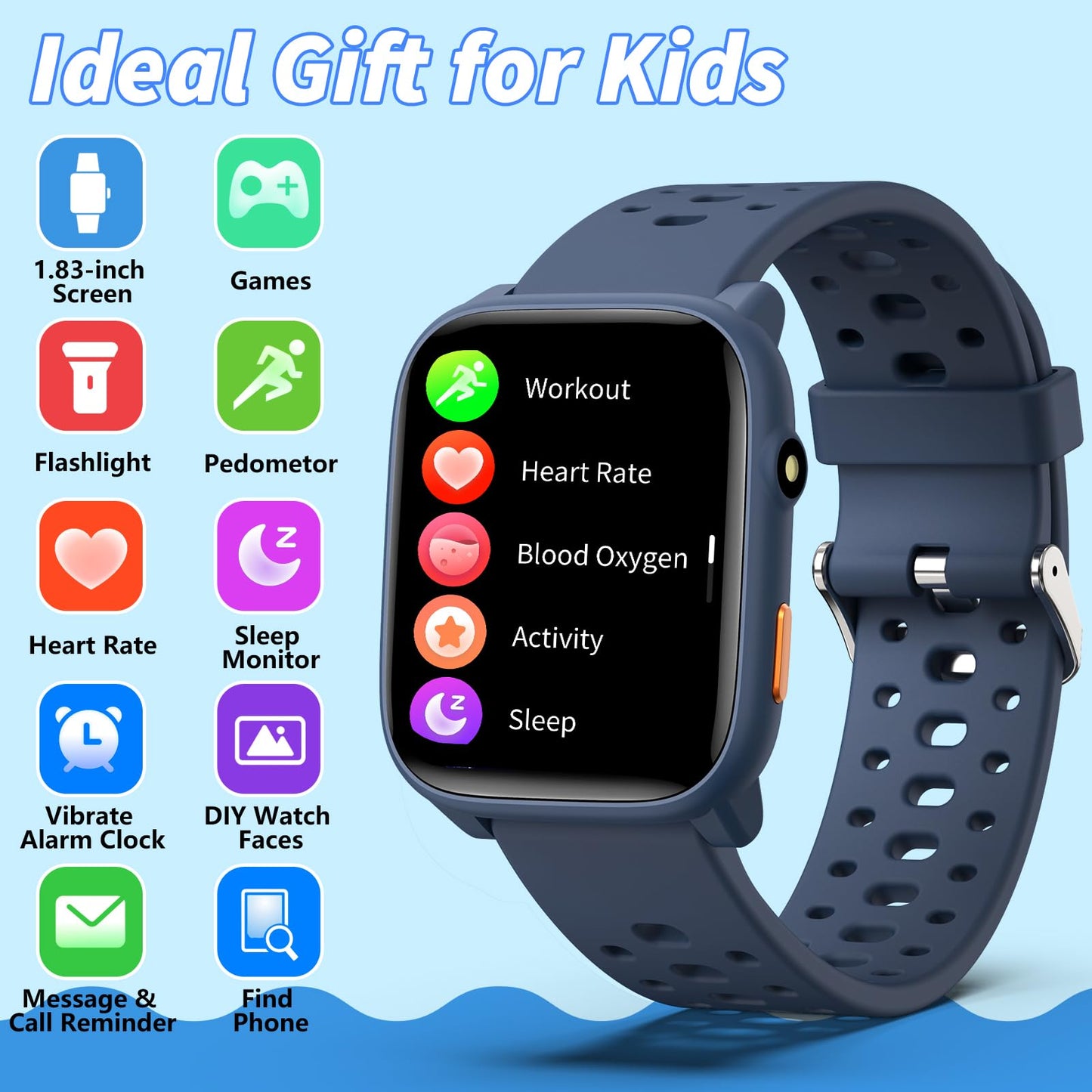 Smart Watch for Kids with 12 Puzzle Games, 1.83" Fitness Tracker Watch Heart Rate Sleep Monitor, Pedometer, Alarm Clock, Flashlight, Gift for 6-12 Year Old Boys Girls