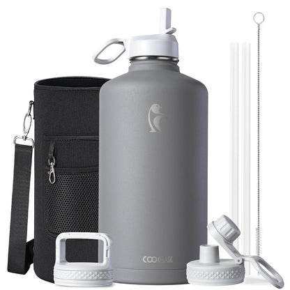 Half Gallon Water Bottle Insulated with Straw & 3 Lids, Coolflask 64 oz Water Jug Large Metal Stainless Steel Wide Mouth for Sports, Gym or Office, Non-BPA Keep Cold 48H Hot 24H, Samurai Cyan