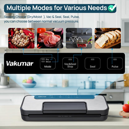 Vakumar Vacuum Sealer Machine, 90Kpa Liquid Food Vacuum Sealer Machine Preservation Dry/Moist/Liquid Modes, LED Indicator Light, Handle Locked Design, Built-in Cutter and Bag Storage, Starter Kit