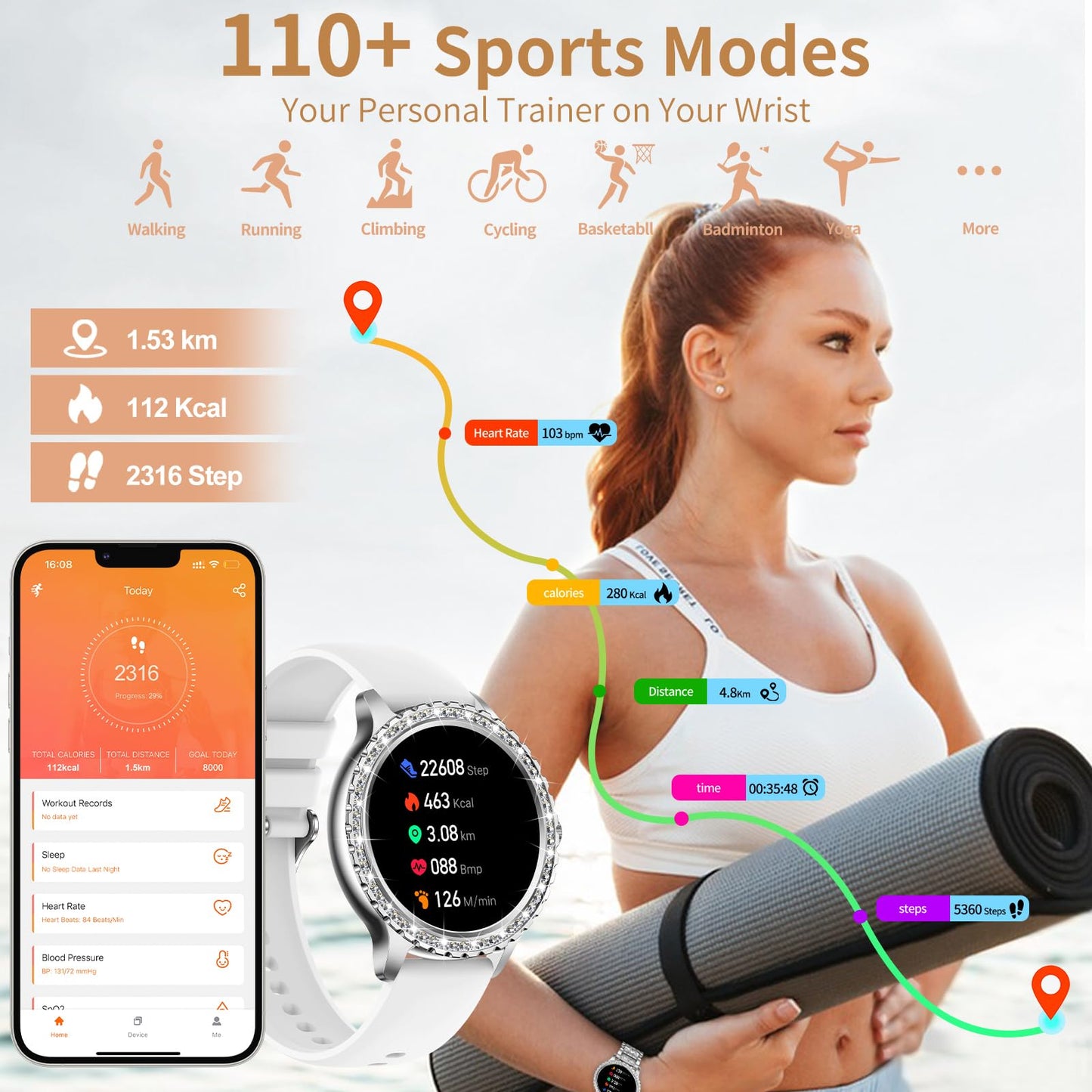 Smart Watch for Women with Diamonds (Answer/Make Call),1.32''Full Screen Smart Watch for Android /iOS,Fitness Tracker with Heart Rate/Blood Oxygen/Sleep Monitor/AI Voice Watches for Women,3 Straps