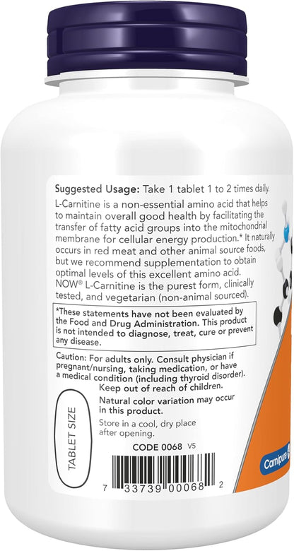 NOW Foods Supplements, L-Carnitine 1,000 mg, Purest Form, Amino Acid, Fitness Support*, 100 Tablets