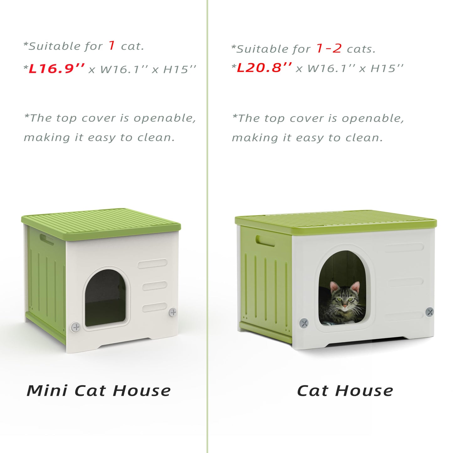 Plastic Cat House for Outdoor Indoor Use, Stackable Feral Cat Shelter Indoor Cat House Weatherproof Waterproof Elevated (Green)