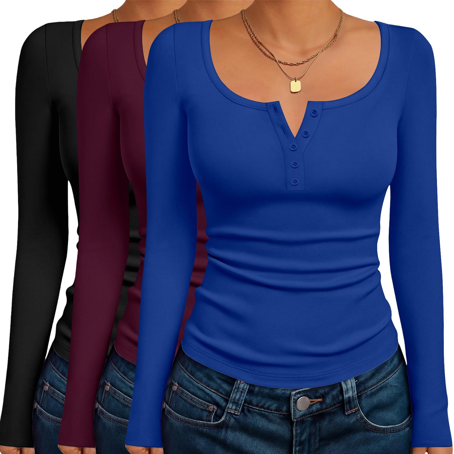 Ekouaer Women's Long Sleeve Henley T Shirts 3 Packs Fall Button Slim Fit Tops Basic Base Layer Soft Thermal Undershirts
