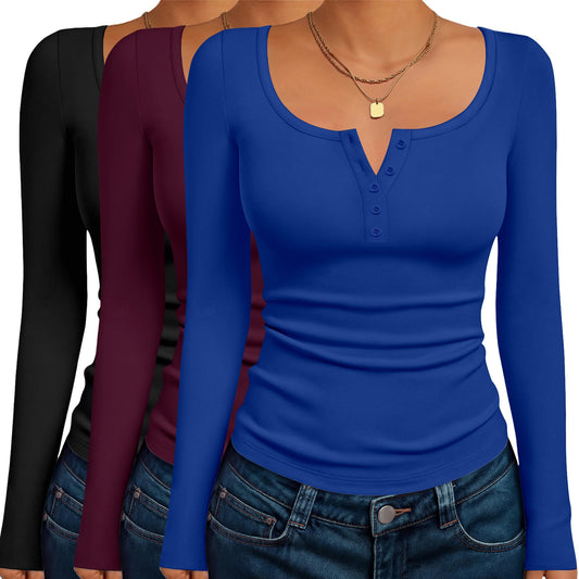 Ekouaer Women's Long Sleeve Henley T Shirts 3 Packs Fall Button Slim Fit Tops Basic Base Layer Soft Thermal Undershirts
