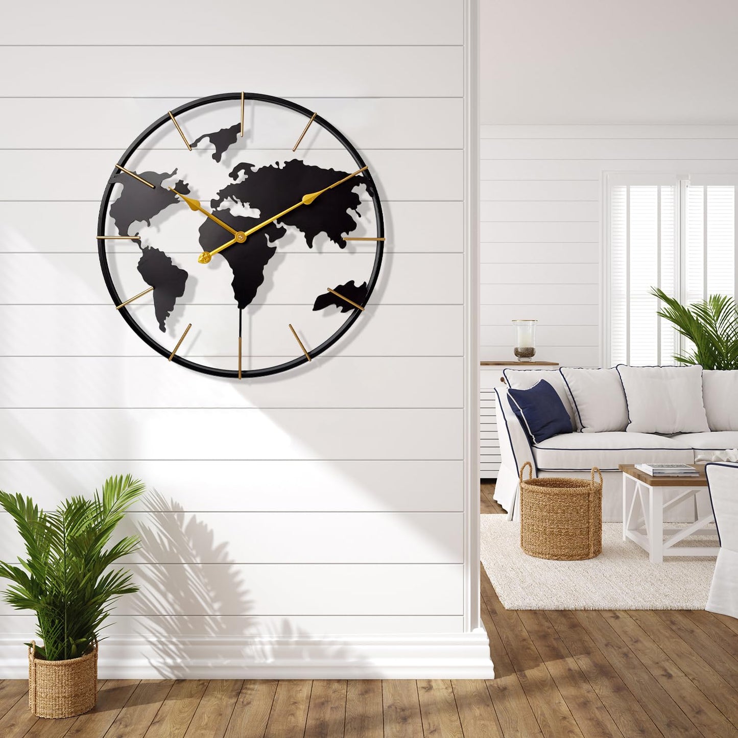Large World Map Wall Clock, Metal Minimalist Modern Clock,Round Silent Non-Ticking Battery Operated Wall Clocks for Living Room/Home/Kitchen/Bedroom/Office/Farmhouse Decor (24 Inch)