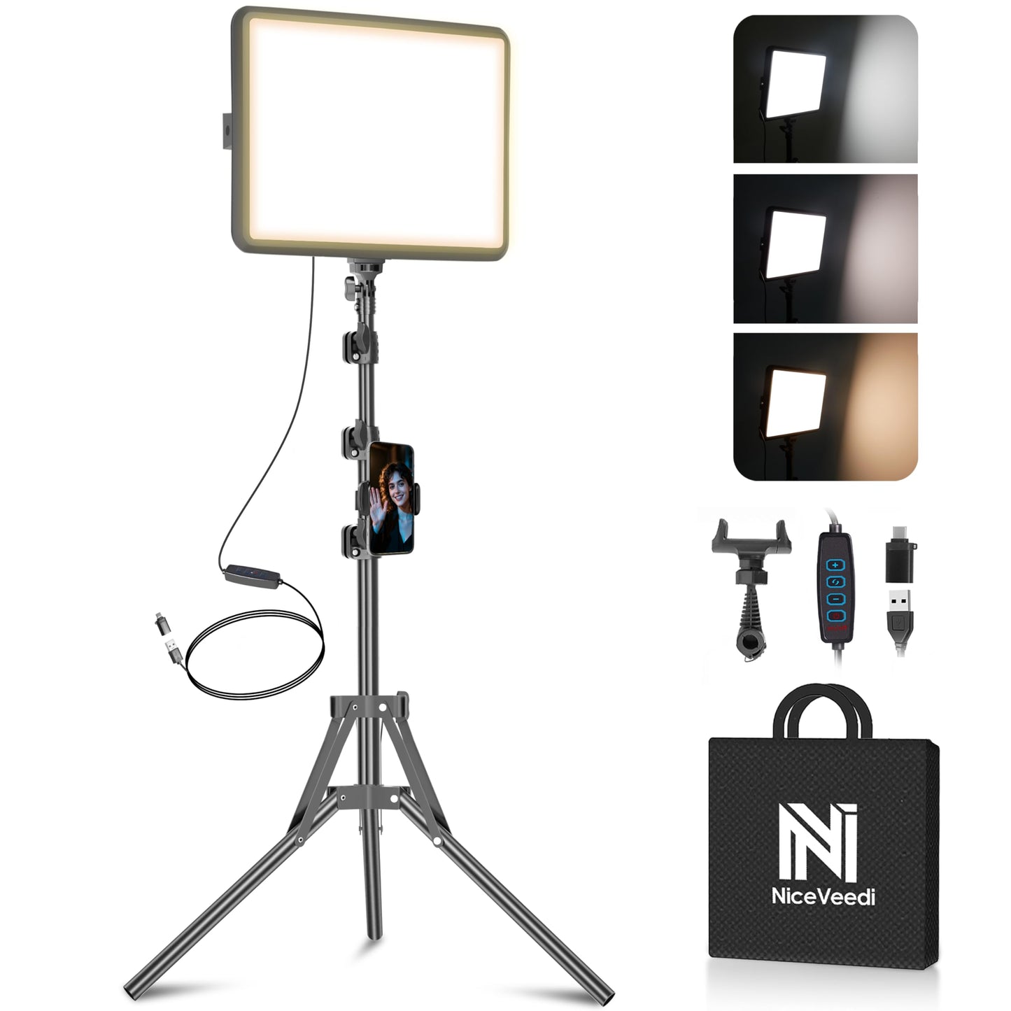 2-Pack LED Video Light Kit, NiceVeedi Studio Light, 2800-6500K Dimmable Photography Lighting Kit with Tripod Stand&Phone Holder, 73" Stream Light for Video Recording, Game Streaming, YouTube
