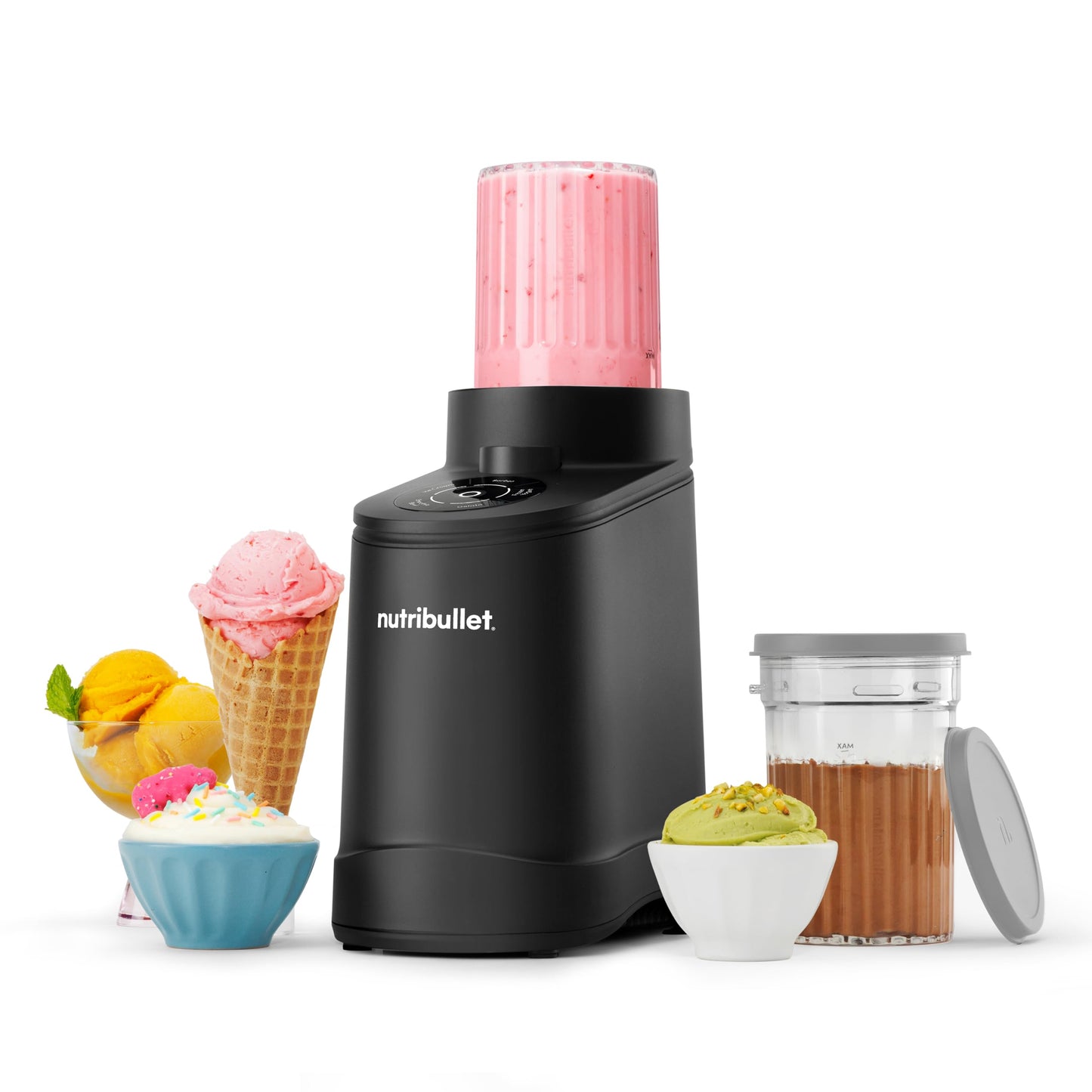 nutribullet Chill Ice Cream Maker, for Gelato, Sorbet, Frozen Yogurt, Smoothie Bowls, Compact Size, (2) Dishwasher Safe 16 oz. Pint Cups with Lids, Black, NBD50100AK