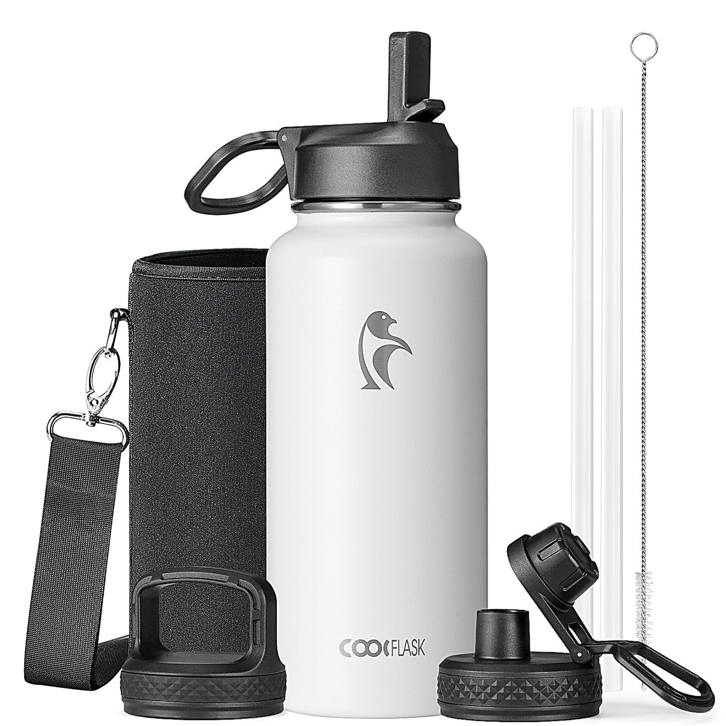 Half Gallon Water Bottle Insulated with Straw & 3 Lids, Coolflask 64 oz Water Jug Large Metal Stainless Steel Wide Mouth for Sports, Gym or Office, Non-BPA Keep Cold 48H Hot 24H, Samurai Cyan