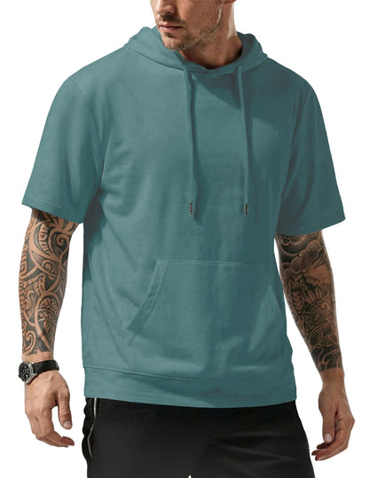 JMIERR Mens Short Sleeve Hoodie Cotton Hooded T-shirts Lightweight Solid Tops with Pocket