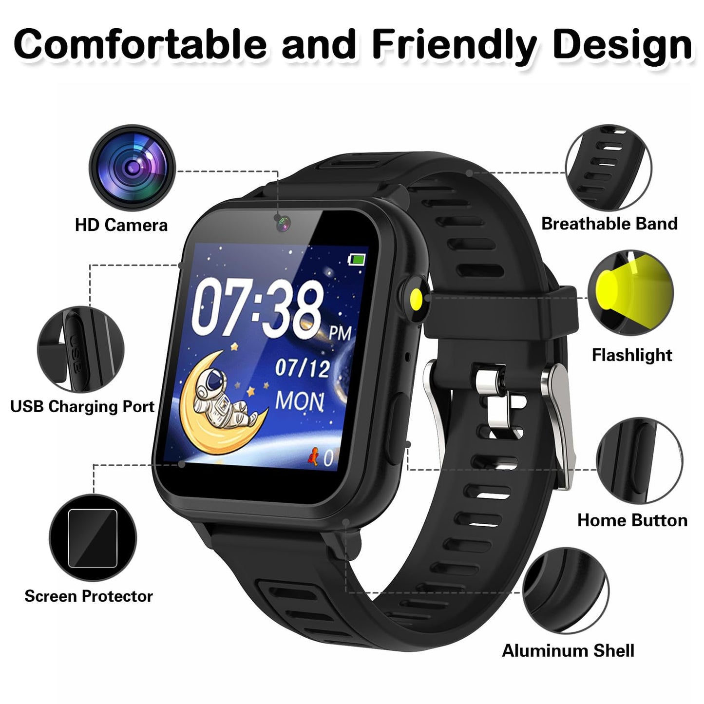Cosjoype Kids Game Smart Watch for Kids with 39 Puzzle Games HD Touch Screen Camera Music Player Pedometer Alarm Clock Calculator Flashlight 12/24hr Kid Watch Gift for 4-12 Year Old Boys Toys for Kid