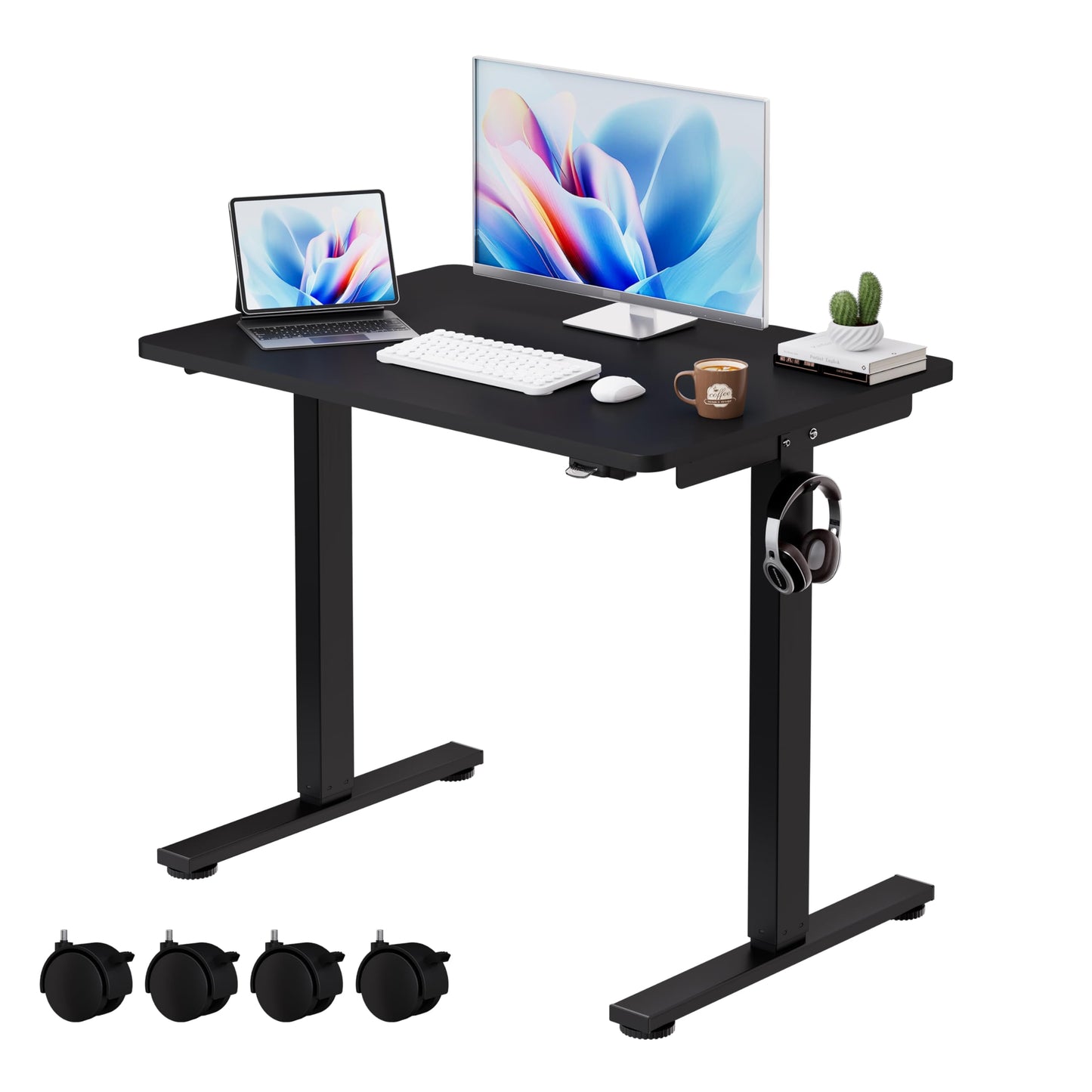 Okin Small Electric Standing Desk, 36" x 24" Whole Piece Height Adjustable Desk, Oak Sit to Stand Computer Workstation with Wheels for Home Office