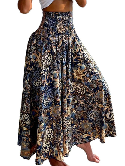 CHICME Boho Floral Shirred High Waisted Wide Leg Pants Flowy Palazzo Pants Summer Beach Vacation Wear