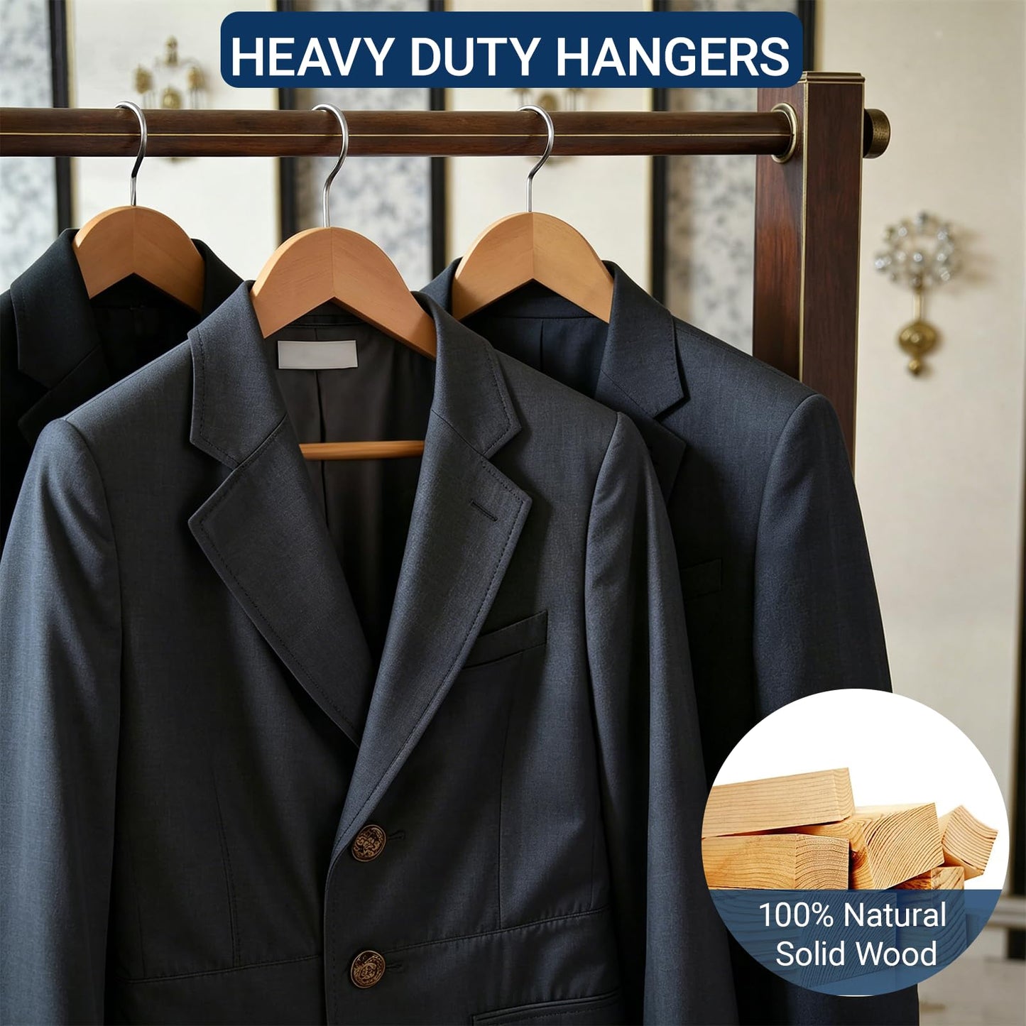 Amber Home 30 Pack Wooden Coat Hangers, Natural Wood Suit Hangers with Non-Slip Pant Bar, Clothes Hangers for Closet Organization, Shirts, Jackets, Dresses, and Pants (Natural, 30)