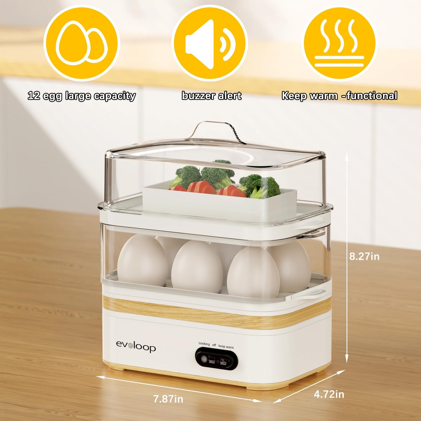 Evoloop Rapid Egg Cooker Electric 12 Eggs Capacity, Soft, Medium, Hard Boiled, Poached, Omelet Maker Egg Poacher & Vegetable Steamer, BPA Free Tray