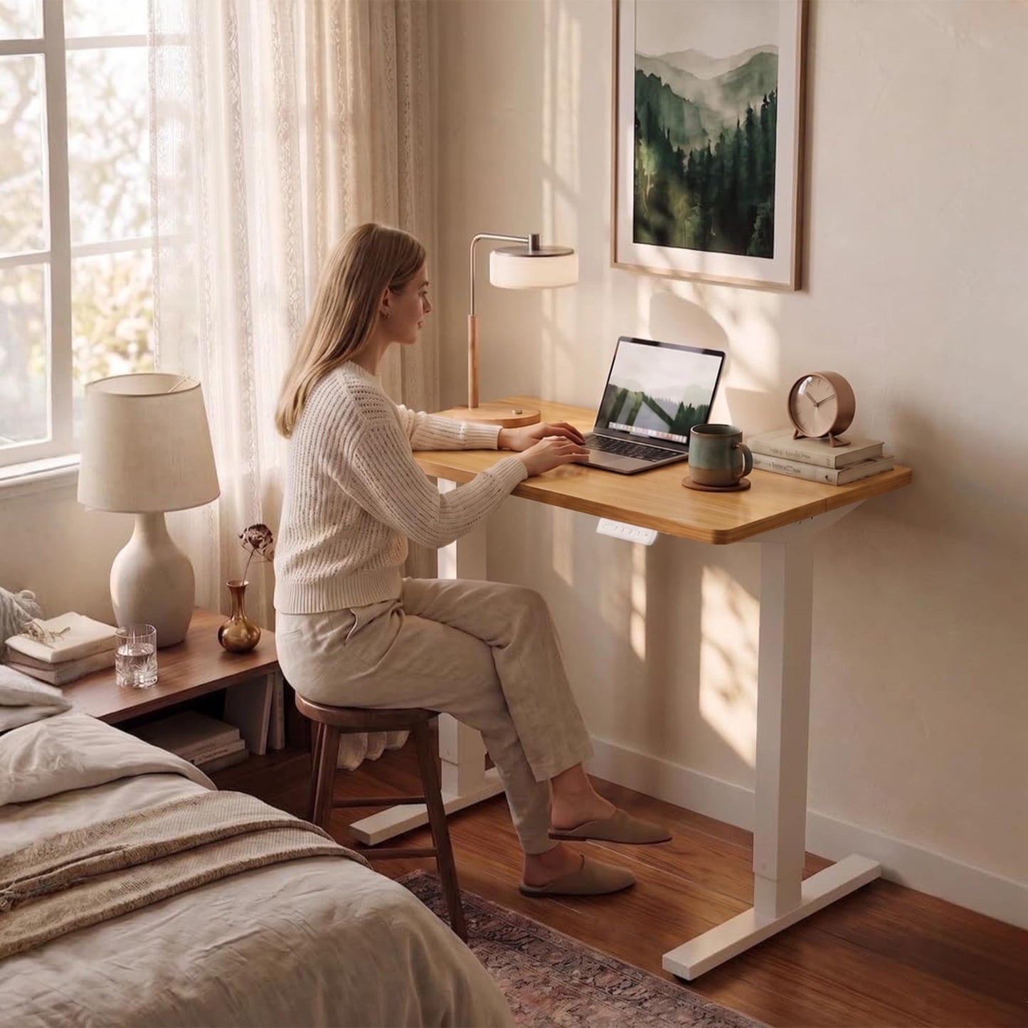 HUANUO 32" Small Electric Standing Desk Adjustable Height, 4 Memory Height Settings, Sit Stand Up Desk for Home Office & Computer Workstation, LightWalnut