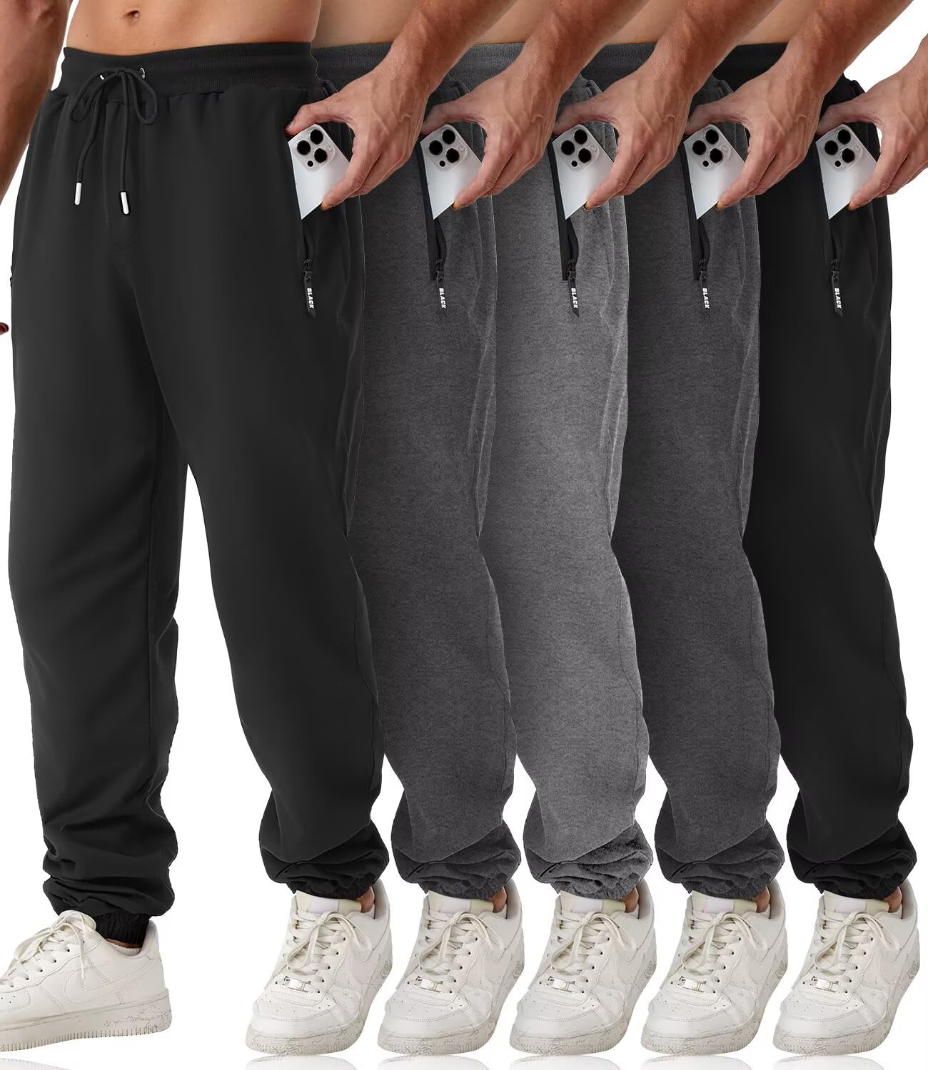Mens Sweatpants with Zipper Pockets 5 Pack Athletic Joggers for Men Warm Slim Fit Track Workout Running Sweat Pants