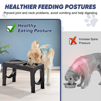 XIAZ Elevated Dog Bowls Large Breed Raised Dogs Bowl Stand Large/Medium Sized Dog Stainless Steel Food Water Bowl Stands 5 Heights Adjustable 9/11/12/14in Black Pet Feeder Dish Station