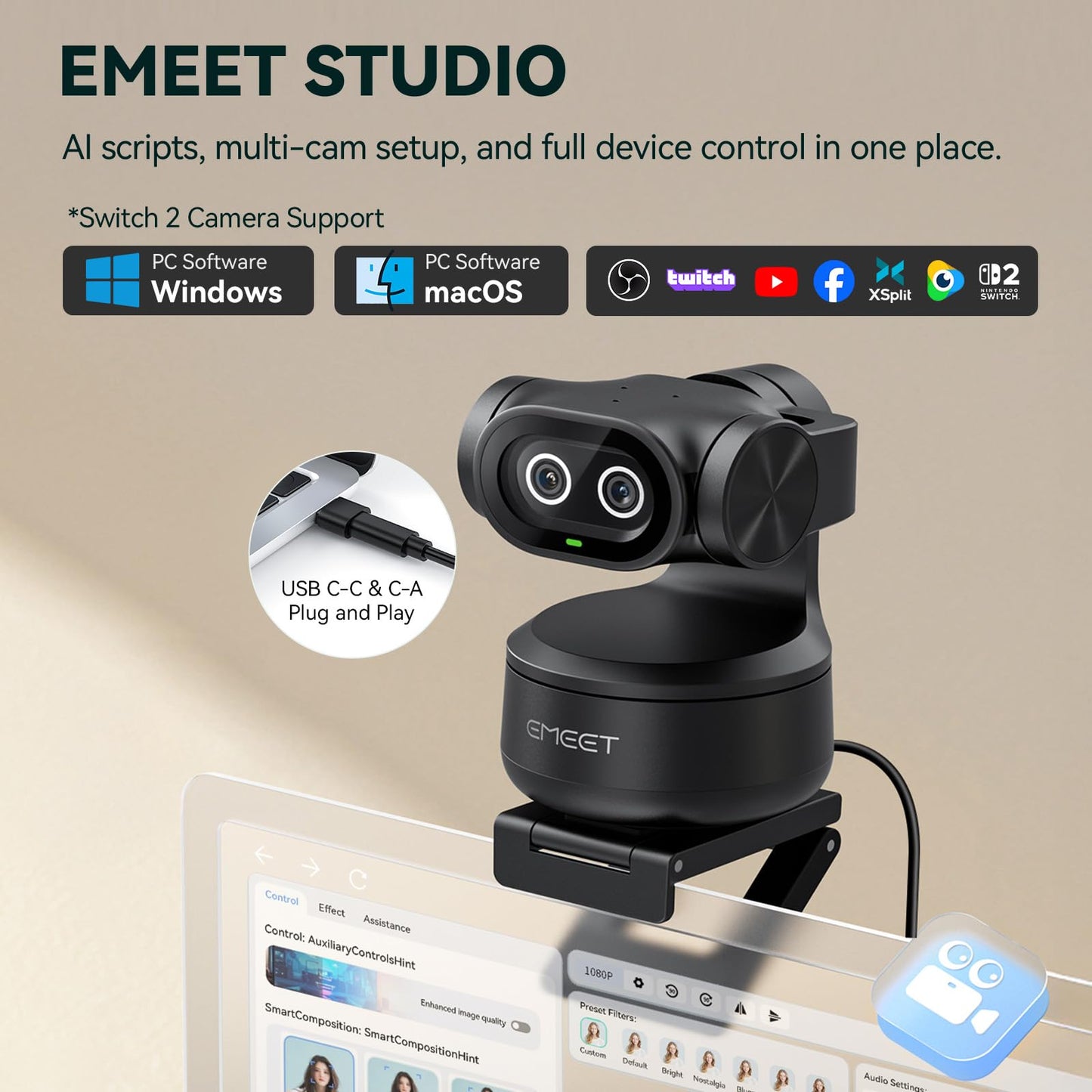 EMEET PIXY Dual-Camera AI-Powered PTZ Camera 4K with Tripod, AI Tracking, PDAF&AI Autofocus 0.2s, 1/2.55'' Sony Sensor, 3 Mics, Presets, 4K Webcam for Streaming, OBS/Twitch/Switch 2 Compatible