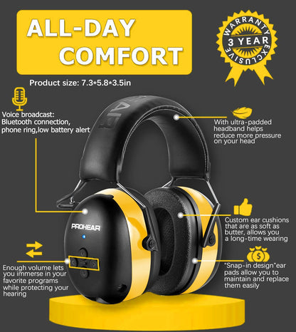 PROHEAR 037 Bluetooth 6.0 Hearing Protection Headphones with Rechargeable 1500mAh Battery, 30dB SNR Safety Noise Reduction Ear Muffs 120H Playtime for Mowing, Workshops, Snowblowing - Black