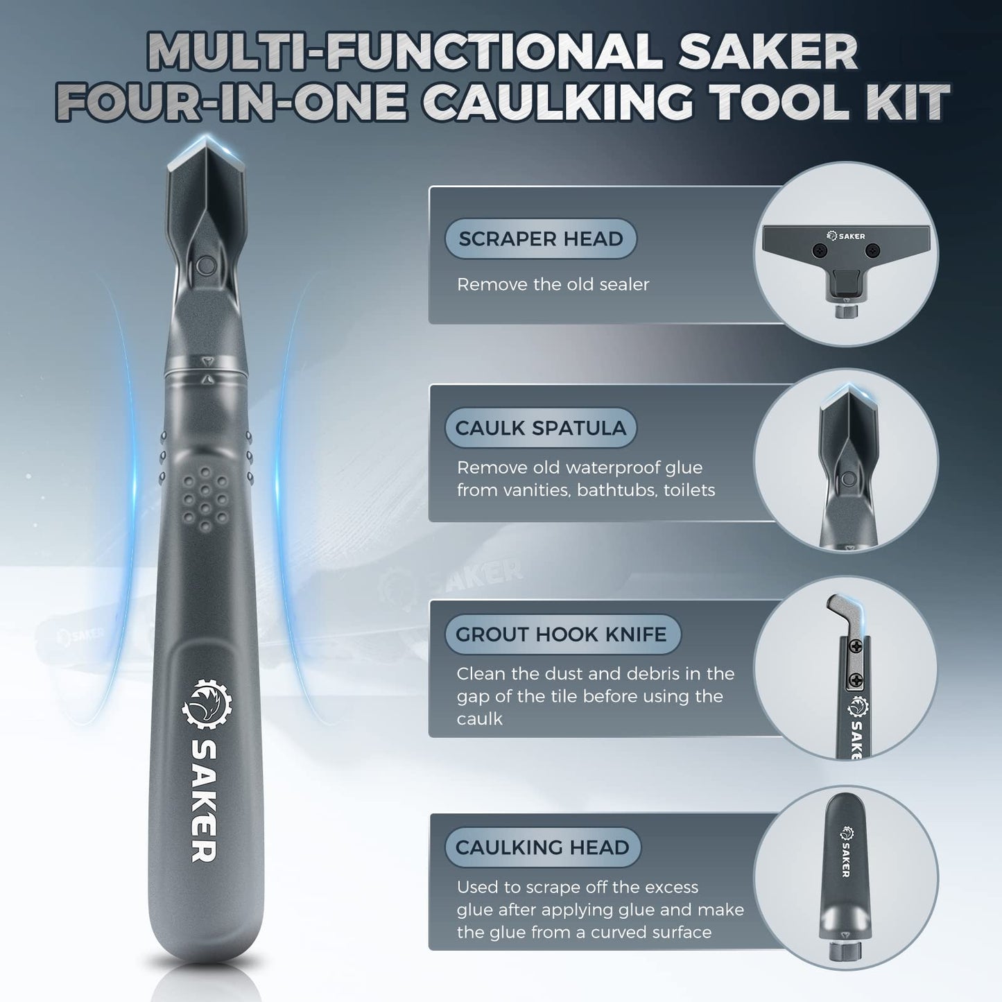 Saker Silicone Caulking Tool 3-in-1 Grout Removal Tool and Sealant Finishing Scraper with Stainless Steelhead, Caulk Remover and Seam Repair Kit for Bathroom, Kitchen, Floor, Window and Sink Joints