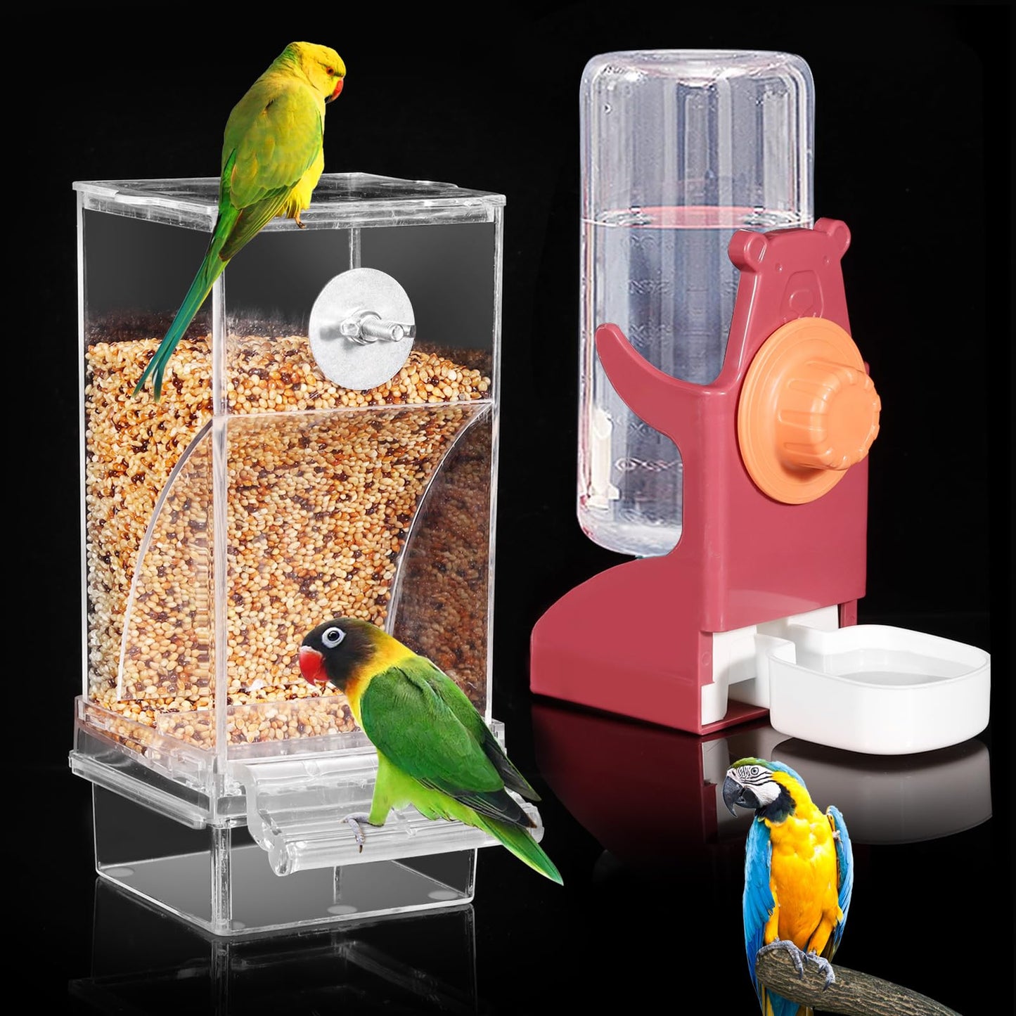 Kenond No Mess Bird Feeder Water Dispenser Set, Automatic Parrot Feeder Cage Accessories, Clear Parakeet Seed Container Food Drinker for Cage, Cockatiel Finch Lovebirds Budgies Canary (Blue)