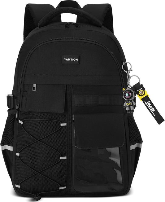 YAMTION Backpack for School Teens Boys and Girls,Black Backpack for Men and Women,College Bookbag with USB Charging Port,Travel Laptop Back Pack for Middle and High School Work