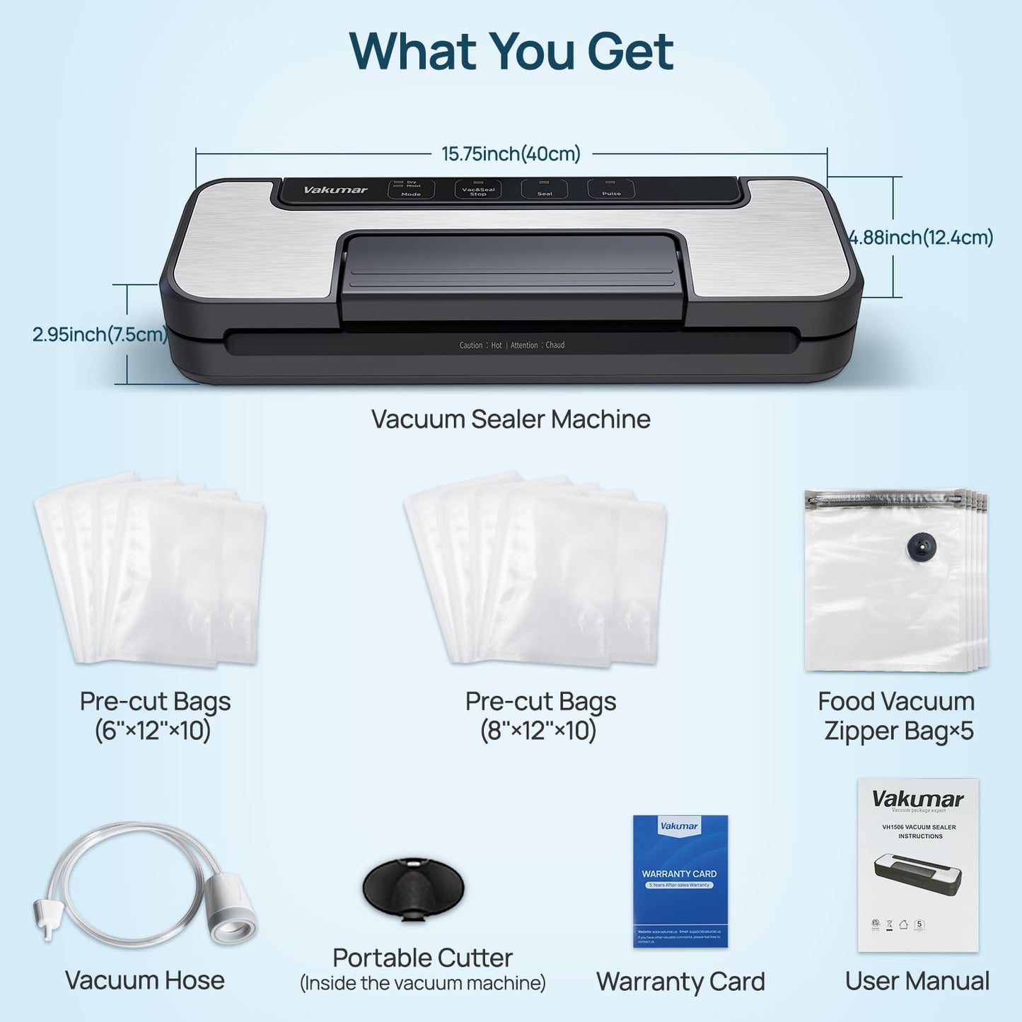 Vakumar Vacuum Sealer Machine, 90Kpa Liquid Food Vacuum Sealer Machine Preservation Dry/Moist/Liquid Modes, LED Indicator Light, Handle Locked Design, Built-in Cutter and Bag Storage, Starter Kit