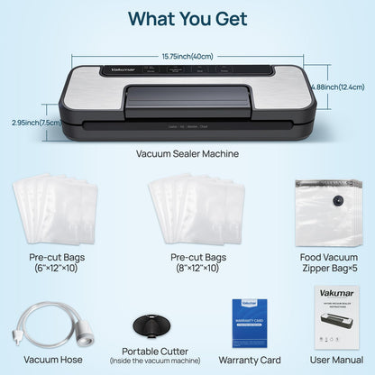 Vakumar Vacuum Sealer Machine, 90Kpa Liquid Food Vacuum Sealer Machine Preservation Dry/Moist/Liquid Modes, LED Indicator Light, Handle Locked Design, Built-in Cutter and Bag Storage, Starter Kit