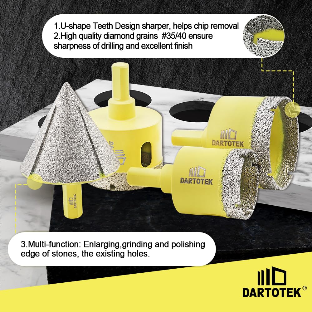 Diamond Core Drill Bits Set for Tile, DARTOTEK 10PCS Porcelain Hole Saw Kit with Aluminum Case, (6/6/8/20/35/50/65mm+2" Chamfer bit +SDS Adapter, Dry/Wet Drilling for Ceramic, Granite & Marble