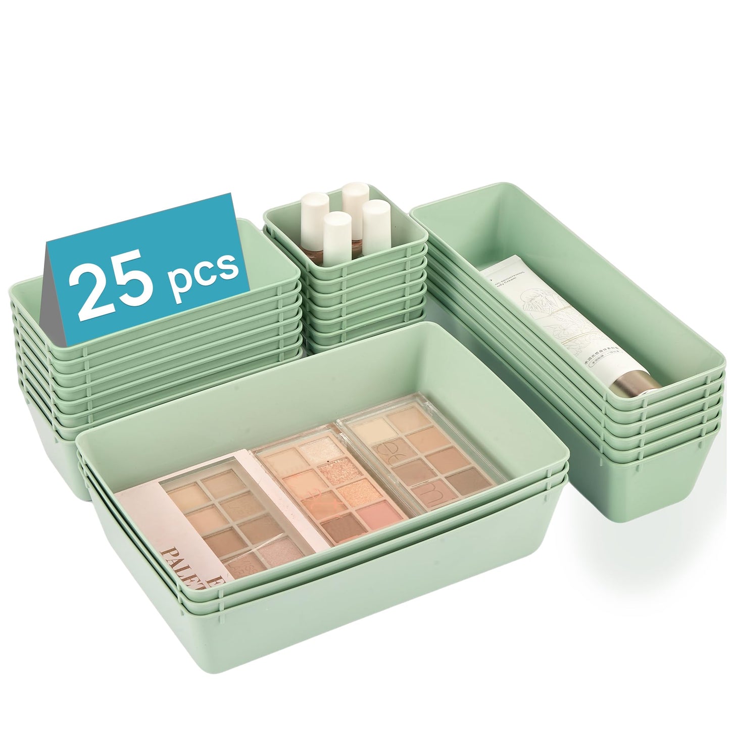 Vtopmart 25 PCS Clear Plastic Drawer Organizers Set, 4-Size Versatile Bathroom and Vanity Drawer Organizer Trays, Storage Bins for Makeup, Bedroom, Kitchen Gadgets Utensils and Office