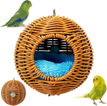 BNOSDM Rattan Bird Nest Parrot Nesting House Parakeet Nesting Soft Lovebird Warm Bed Sleeping for Parrots Bird Cage Accessories for Cockatiels Budgerigars Finches Canaries (Single-Hole Style)