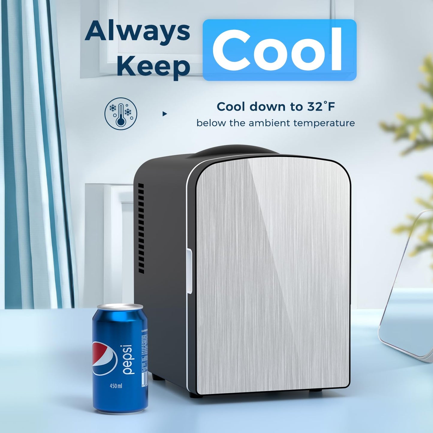Antarctic Star Compact Refrigerator, Portable Mini Fridge, Skin Care 4L Capacity/6 Cans, for Bedroom, Car, Office & Dorm, Small Cooler for Cosmetics, Beverage and Food, Black