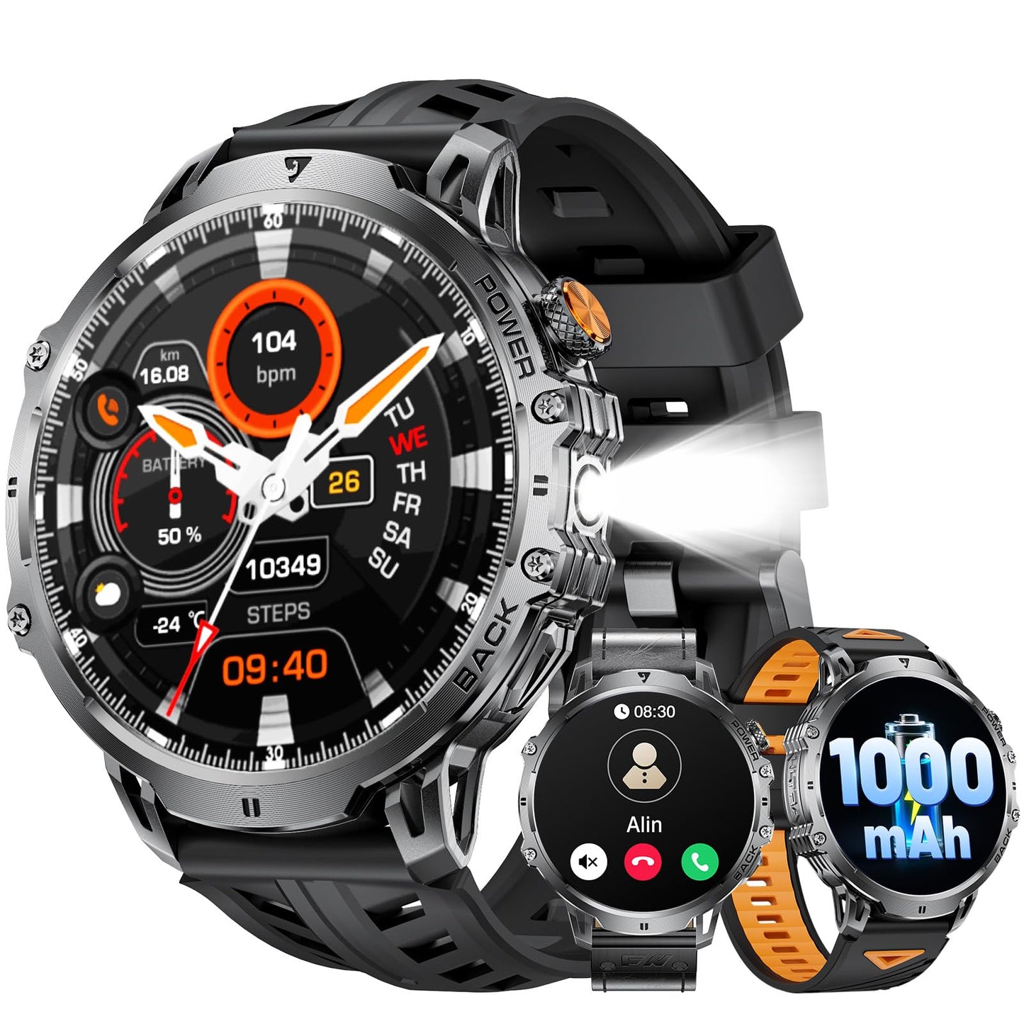 LIGE Military Smart Watches for Men(2 Bands),1000mAh/1.85" HD Large Screen Smartwatch, Flashlight/110+ Sports Modes/Sleep Monitor, Fitness Tracker Watch for Android iOS,Black