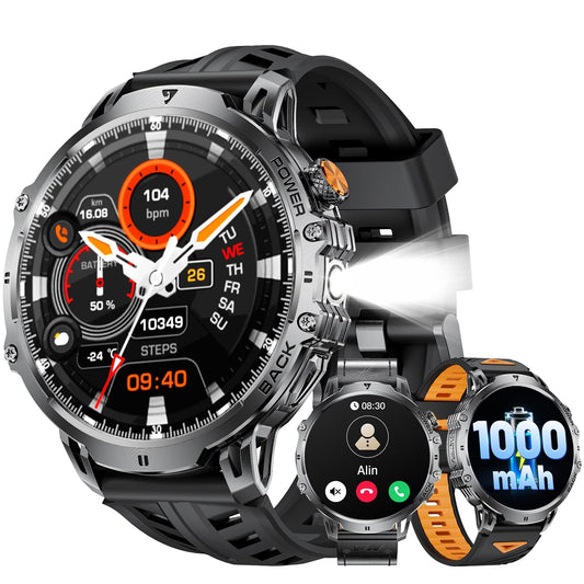 LIGE Military Smart Watches for Men(2 Bands),1000mAh/1.85" HD Large Screen Smartwatch, Flashlight/110+ Sports Modes/Sleep Monitor, Fitness Tracker Watch for Android iOS,Black