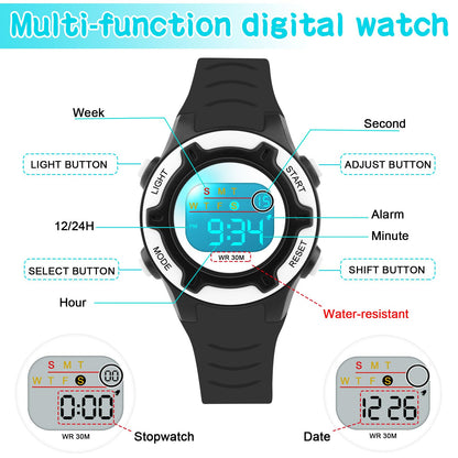 DTKID Digital Kids Watch 30 M Waterproof, 7 Color Lights Time Teaching Watch Easy to Read for Girls Boys 5-16