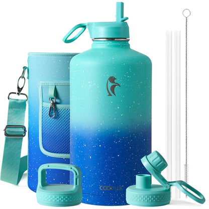 Half Gallon Water Bottle Insulated with Straw & 3 Lids, Coolflask 64 oz Water Jug Large Metal Stainless Steel Wide Mouth for Sports, Gym or Office, Non-BPA Keep Cold 48H Hot 24H, Samurai Cyan