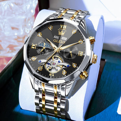 OLEVS Skeleton Men Watches Automatic Business Luxury Diamond Self Winding Watch for Men Stainless Steel Calendar Wrist Watch