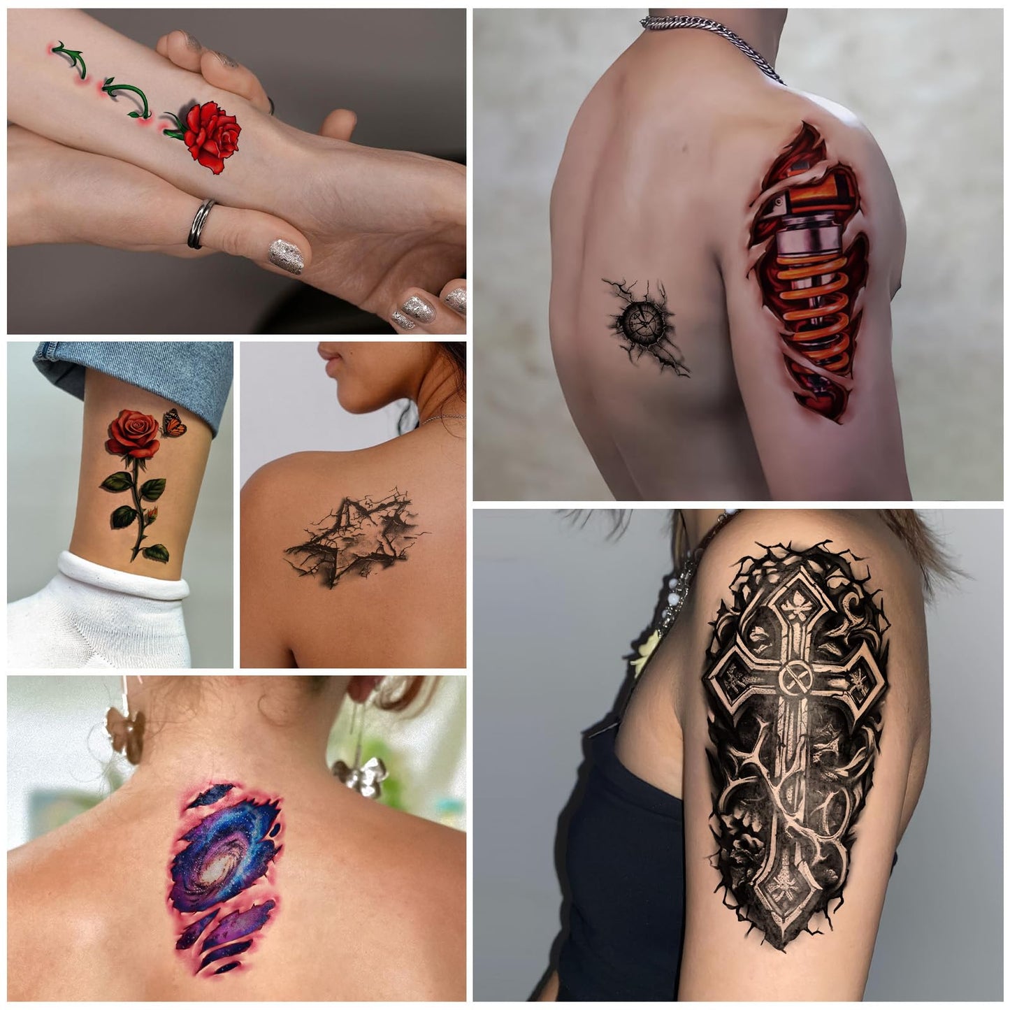 Yazhiji 36 Sheets Temporary Tattoos Stickers, 12 Sheets Fake Body Arm Chest Shoulder Tattoos for Men or Women with 24 PCS Tiny Black Tattoos