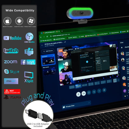 2K Webcam for PC with Microphone/Ring Light,USB C Computer Camera | Webcam with RGB/White Light/Cover,Autofocus,65°FOV, PC Web Camera for Desktop Computer Video Meeting/Gaming Streaming