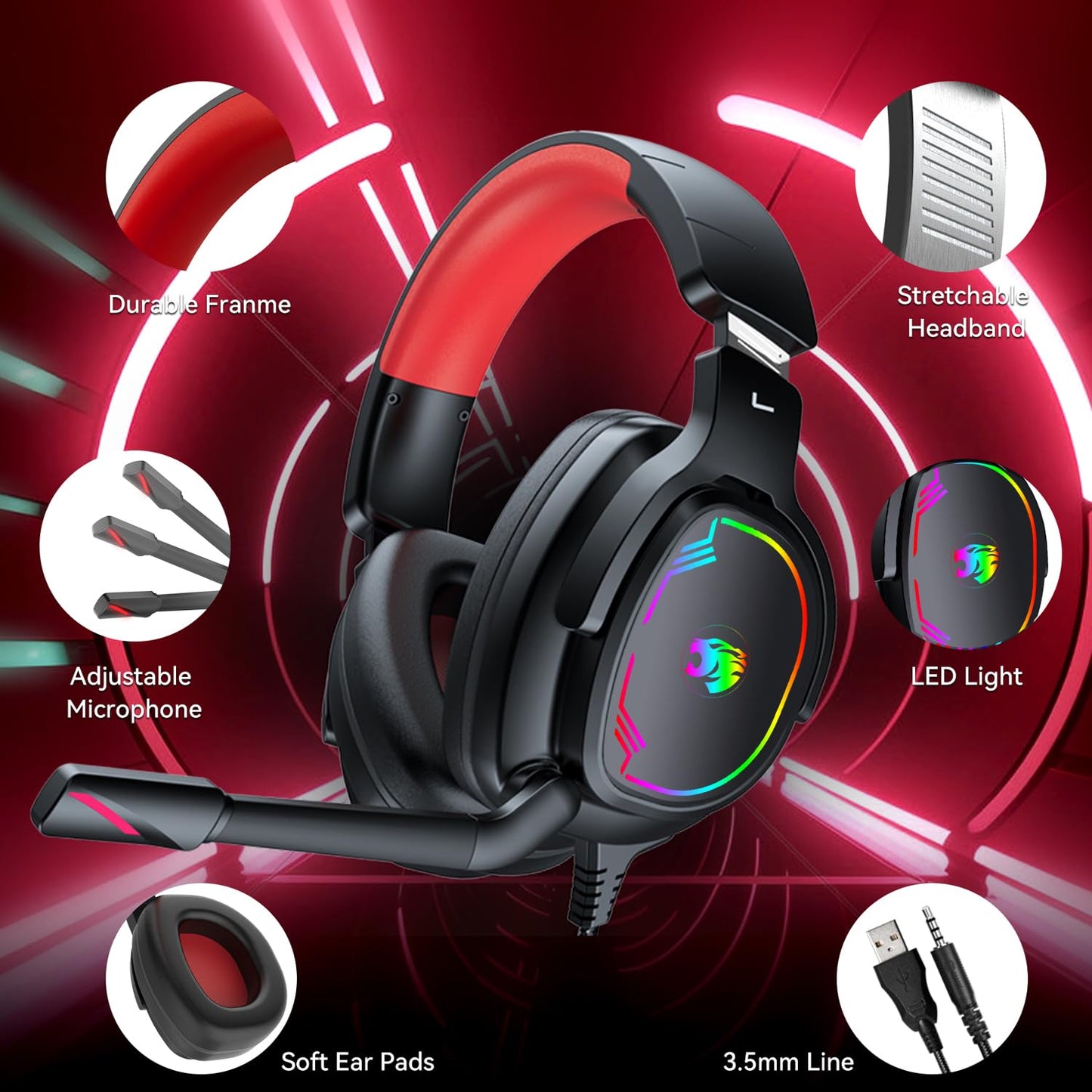 Jimonyer Gaming Headset for PS5 PS4 Xbox Series X|S PC Switch, 7.1 Surround Sound Over Ear Headphones with Noise Canceling Mic, RGB LED Light, Soft Memory Earmuffs Headset for Gaming or Work (Blue)