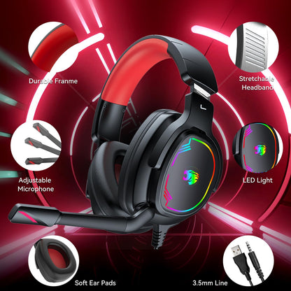 Jimonyer Gaming Headset for PS5 PS4 Xbox Series X|S PC Switch, 7.1 Surround Sound Over Ear Headphones with Noise Canceling Mic, RGB LED Light, Soft Memory Earmuffs Headset for Gaming or Work (Blue)